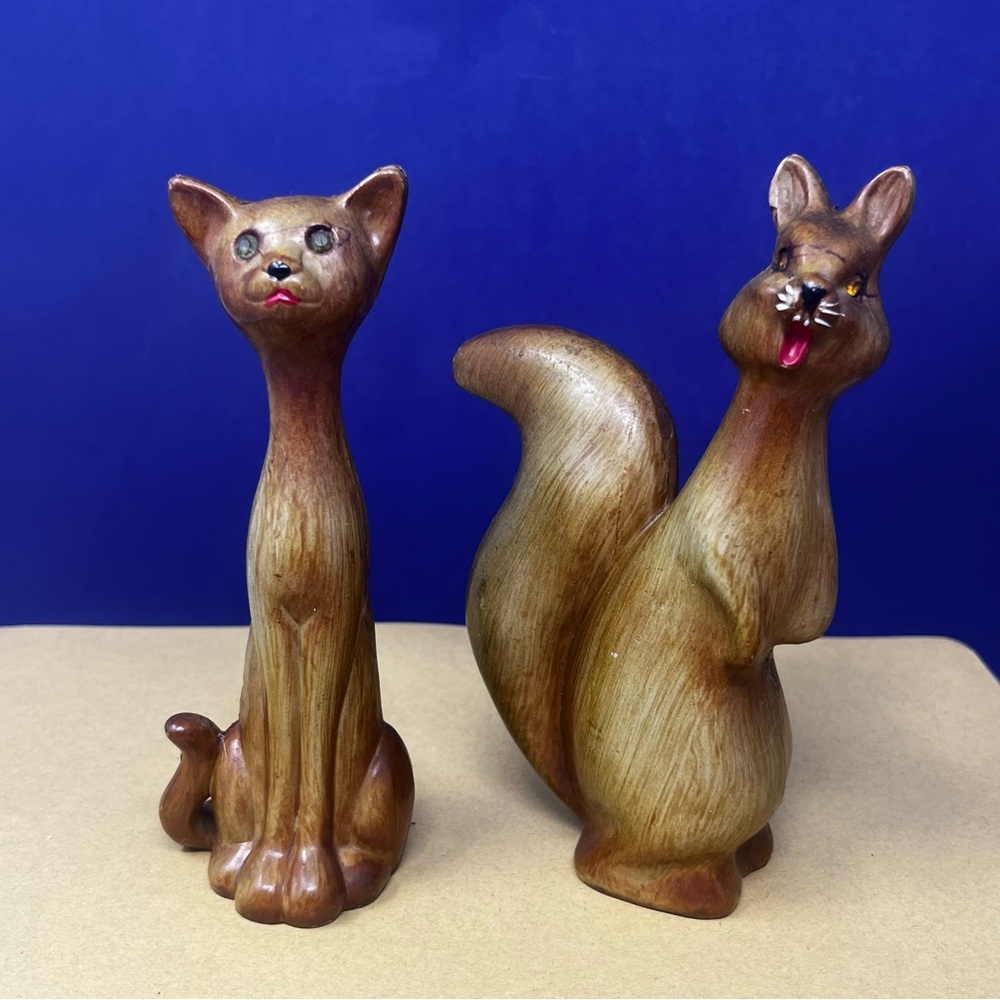 MCM Faux Wood Cat & Squirrel Kitschy Figurines Rhinestone eyes Hong Kong